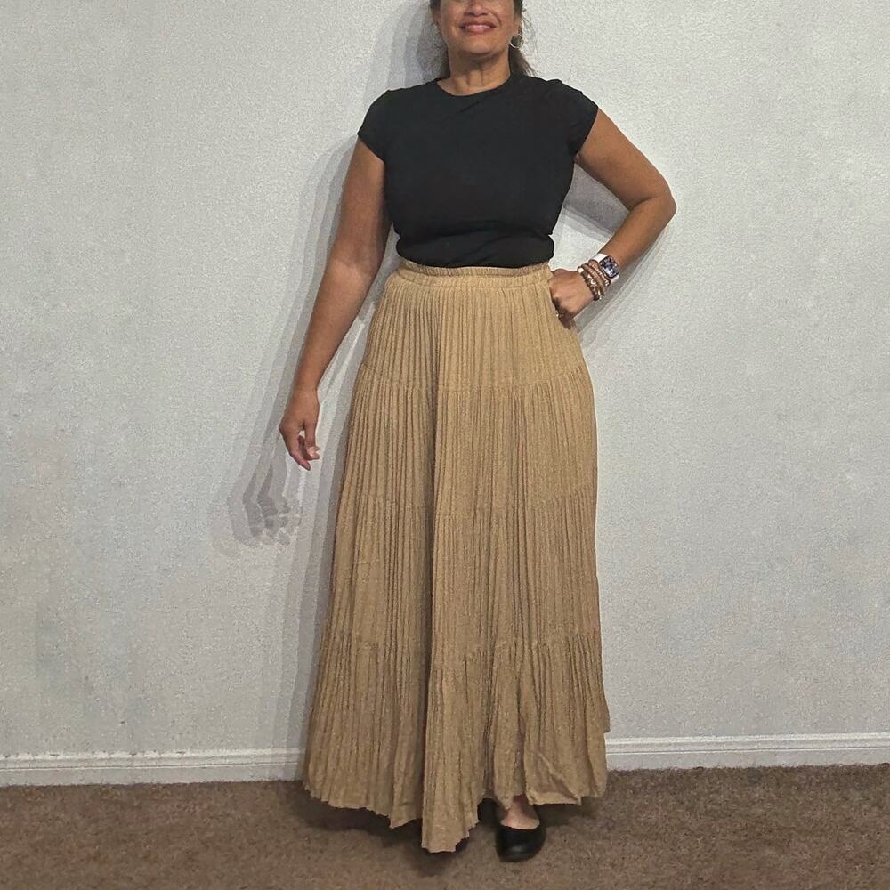 Banjo Vintage Tan Pleated Maxi Skirt Boho Elastic Waist Flowy Sz M